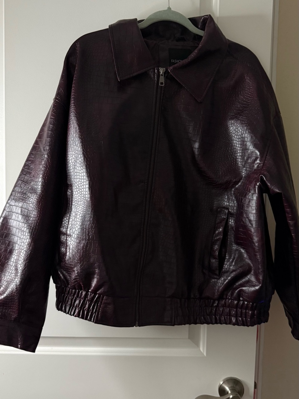 Fashion Nova Croc-Embossed Faux Leather Jacket in Deep Burgundy